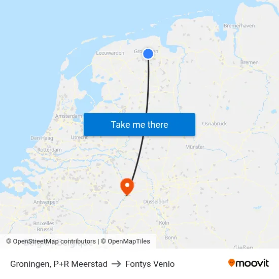 Groningen, P+R Meerstad to Fontys Venlo map