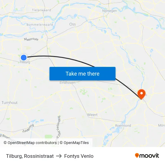 Tilburg, Rossinistraat to Fontys Venlo map
