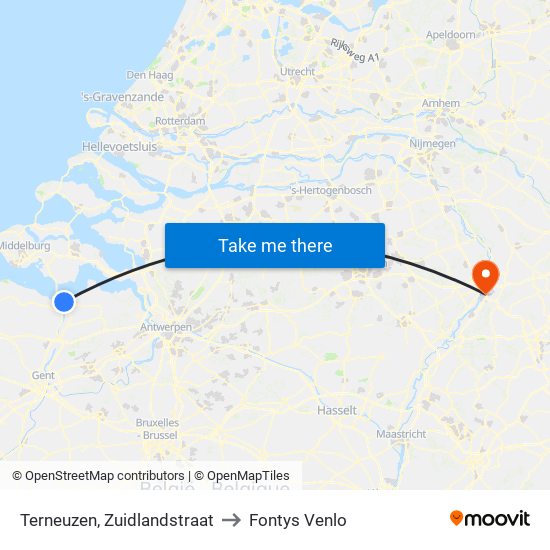 Terneuzen, Zuidlandstraat to Fontys Venlo map