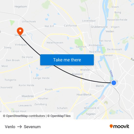 Venlo to Sevenum map