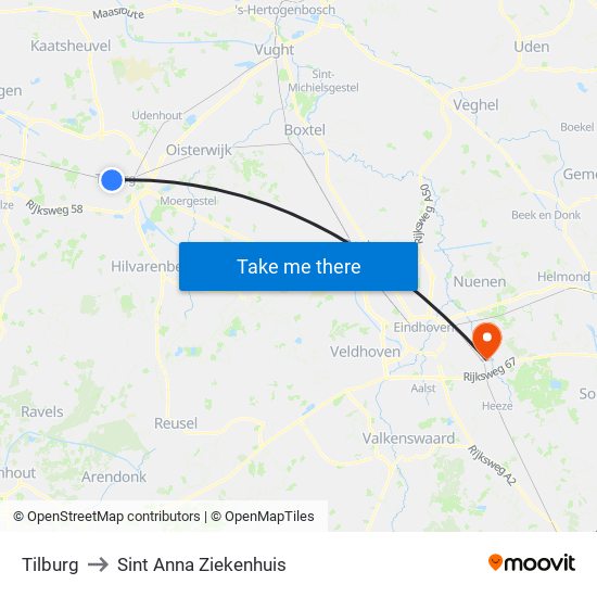 Tilburg to Sint Anna Ziekenhuis map