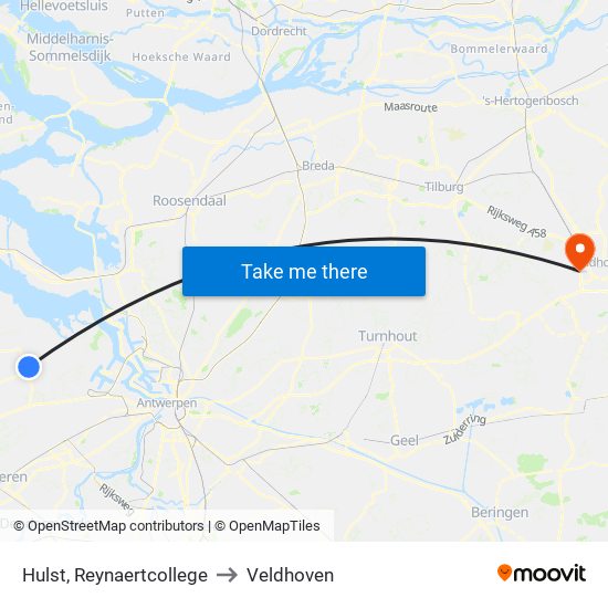 Hulst, Reynaertcollege to Veldhoven map