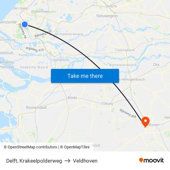 Delft, Krakeelpolderweg to Veldhoven map