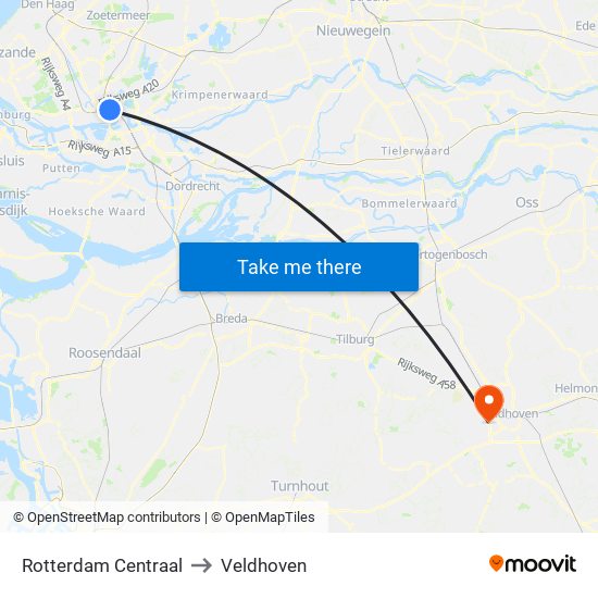 Rotterdam Centraal to Veldhoven map