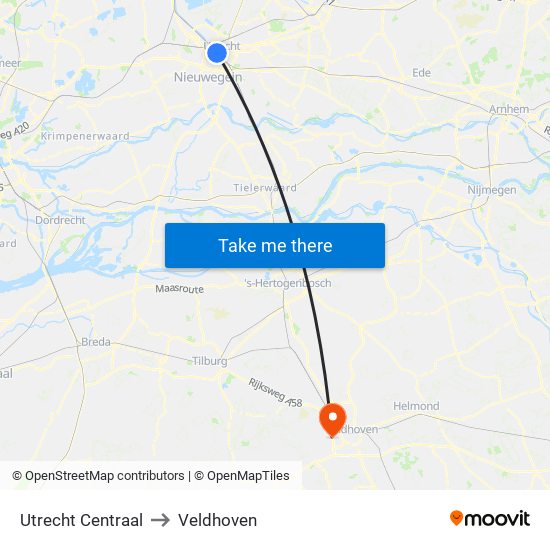 Utrecht Centraal to Veldhoven map