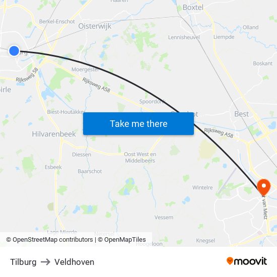 Tilburg to Veldhoven map