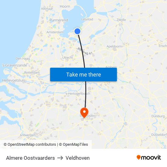 Almere Oostvaarders to Veldhoven map