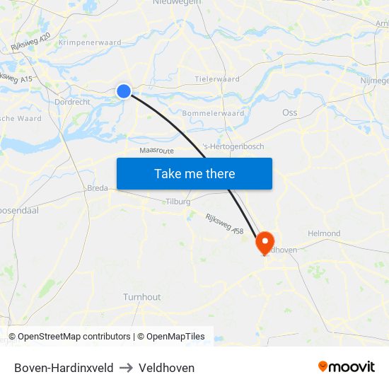 Boven-Hardinxveld to Veldhoven map