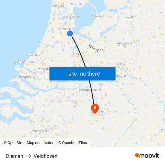 Diemen to Veldhoven map