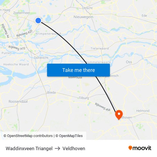 Waddinxveen Triangel to Veldhoven map