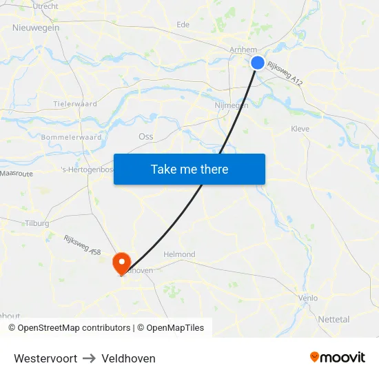 Westervoort to Veldhoven map