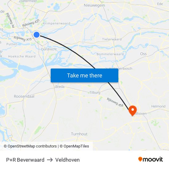 P+R Beverwaard to Veldhoven map