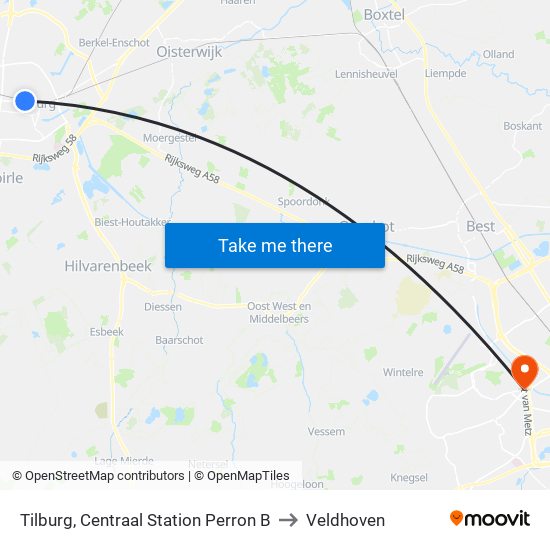 Tilburg, Centraal Station Perron B to Veldhoven map