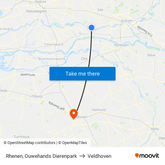 Rhenen, Ouwehands Dierenpark to Veldhoven map