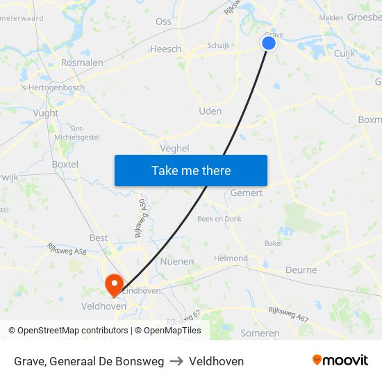 Grave, Generaal De Bonsweg to Veldhoven map