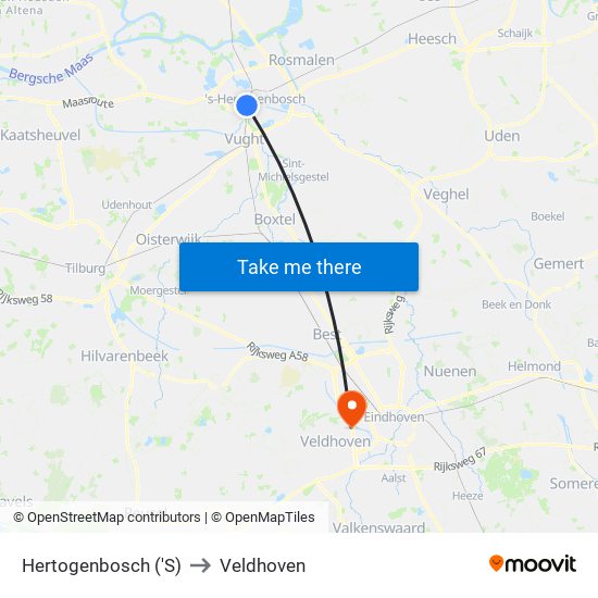 Hertogenbosch ('S) to Veldhoven map