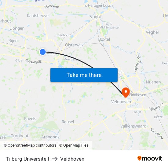 Tilburg Universiteit to Veldhoven map