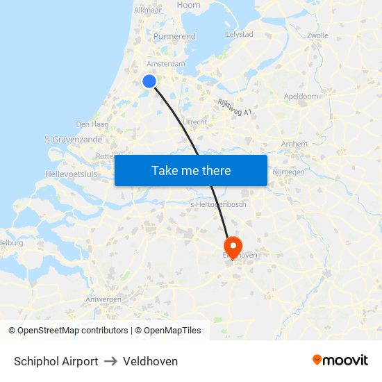 Schiphol Airport to Veldhoven map