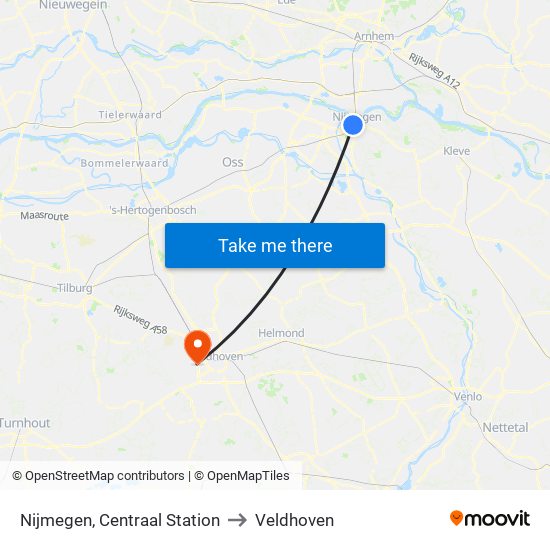 Nijmegen, Centraal Station to Veldhoven map