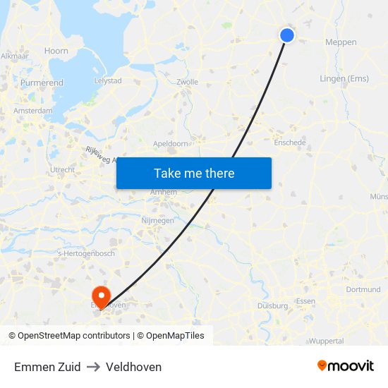 Emmen Zuid to Veldhoven map