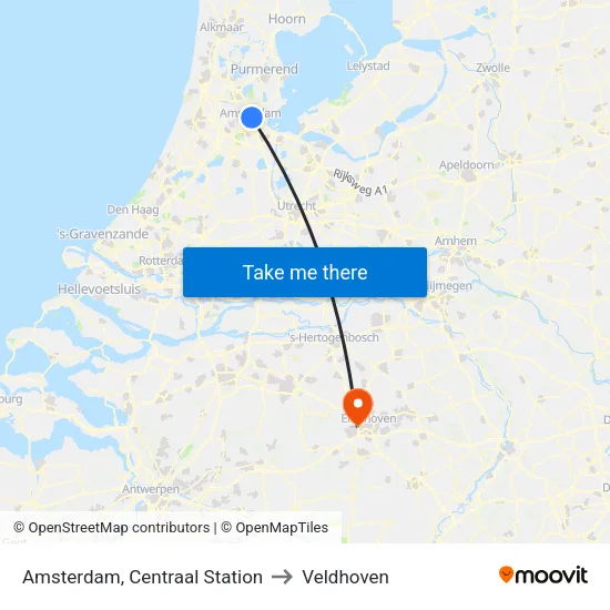 Amsterdam, Centraal Station to Veldhoven map