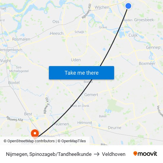 Nijmegen, Spinozageb/Tandheelkunde to Veldhoven map