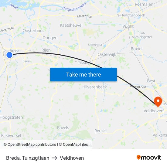 Breda, Tuinzigtlaan to Veldhoven map