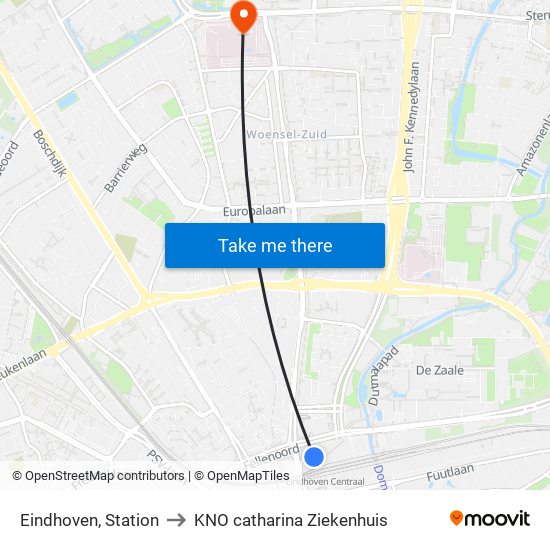 Eindhoven, Station to KNO catharina Ziekenhuis map