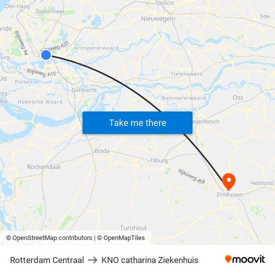 Rotterdam Centraal to KNO catharina Ziekenhuis map