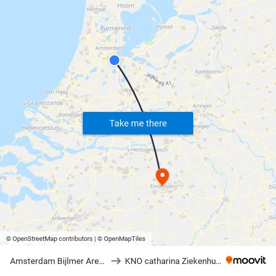 Amsterdam Bijlmer Arena to KNO catharina Ziekenhuis map