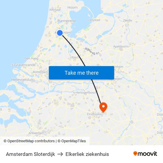 Amsterdam Sloterdijk to Elkerliek ziekenhuis map