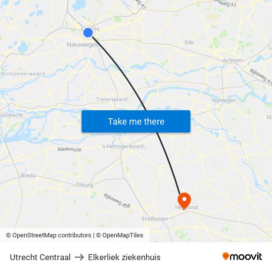 Utrecht Centraal to Elkerliek ziekenhuis map