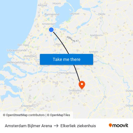 Amsterdam Bijlmer Arena to Elkerliek ziekenhuis map