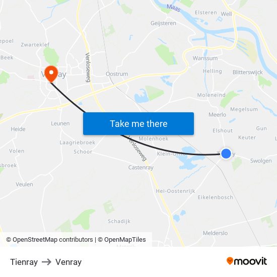 Tienray to Venray map