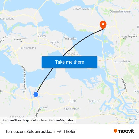 Terneuzen, Zeldenrustlaan to Tholen map