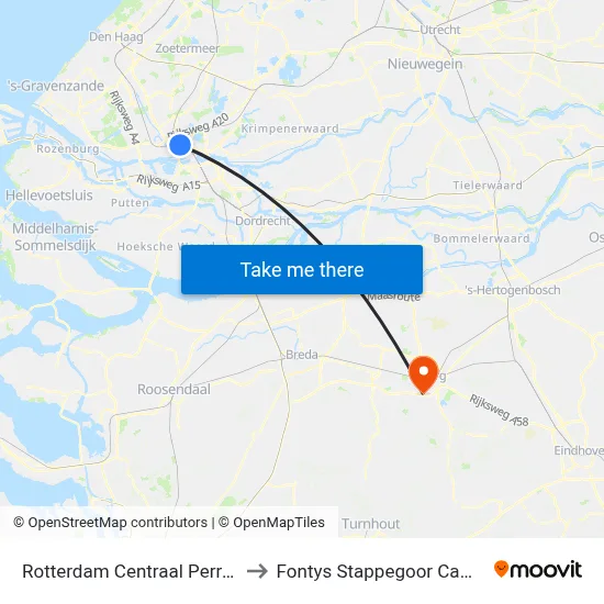 Rotterdam Centraal Perron C to Fontys Stappegoor Campus map