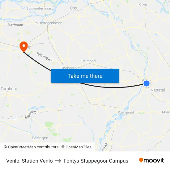 Venlo, Station Venlo to Fontys Stappegoor Campus map