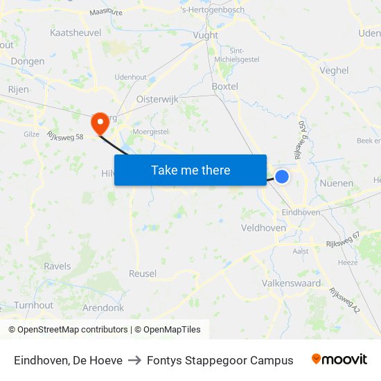 Eindhoven, De Hoeve to Fontys Stappegoor Campus map
