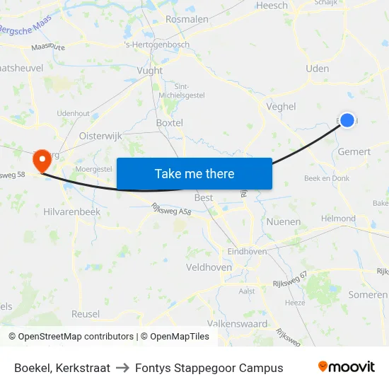 Boekel, Kerkstraat to Fontys Stappegoor Campus map