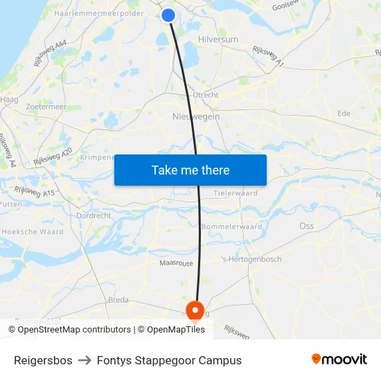 Reigersbos to Fontys Stappegoor Campus map