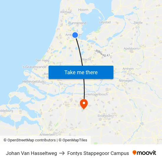 Johan Van Hasseltweg to Fontys Stappegoor Campus map