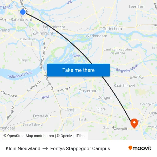 Klein Nieuwland to Fontys Stappegoor Campus map