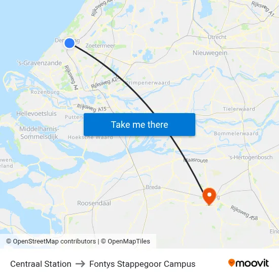 Centraal Station to Fontys Stappegoor Campus map