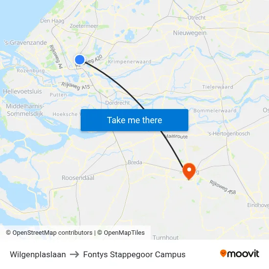 Wilgenplaslaan to Fontys Stappegoor Campus map