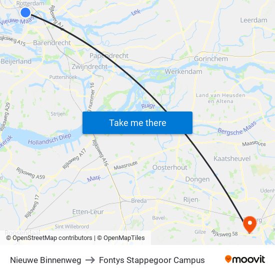 Nieuwe Binnenweg to Fontys Stappegoor Campus map