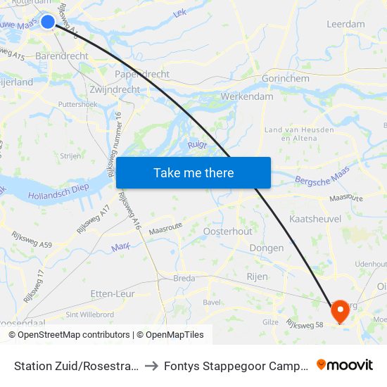 Station Zuid/Rosestraat to Fontys Stappegoor Campus map