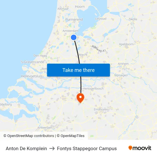 Anton De Komplein to Fontys Stappegoor Campus map