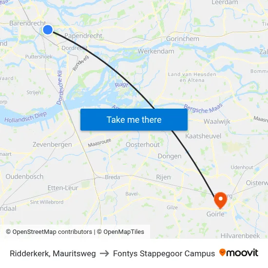 Ridderkerk, Mauritsweg to Fontys Stappegoor Campus map