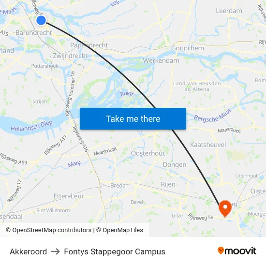 Akkeroord to Fontys Stappegoor Campus map