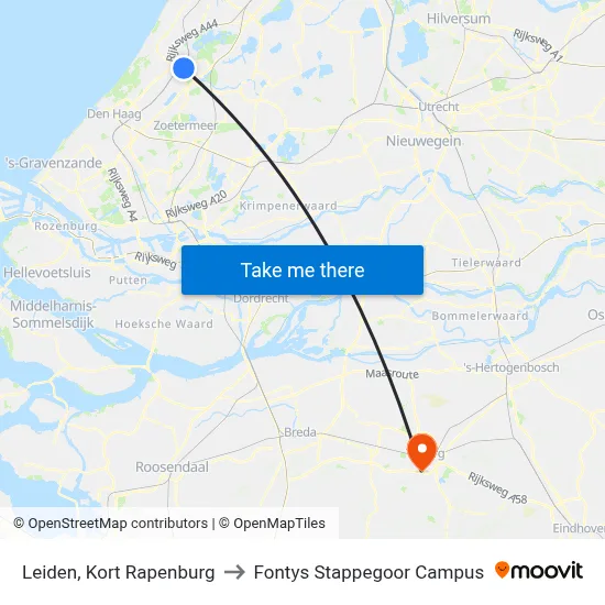 Leiden, Kort Rapenburg to Fontys Stappegoor Campus map